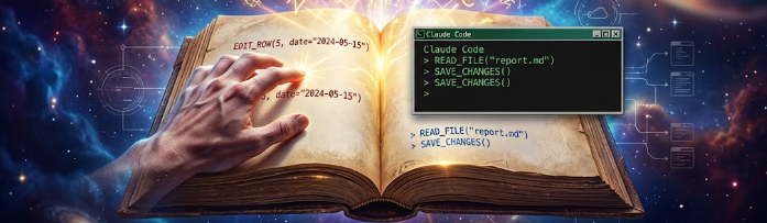 An open book in space, above it a terminal window with Claude Code; a human hand reaches for the page where EDIT_ROW(5, date="2024-05-15") stands - a person and an agent over the same text.