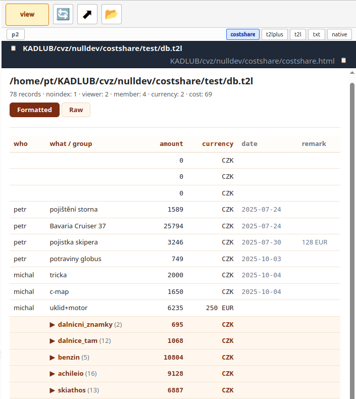 Boat trip accounting - the costshare viewer over db.t2l