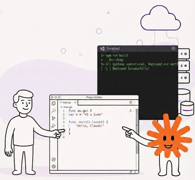 A person on the left and an orange figure on the right both point at the same line in an editor; behind them a terminal, servers and a cloud